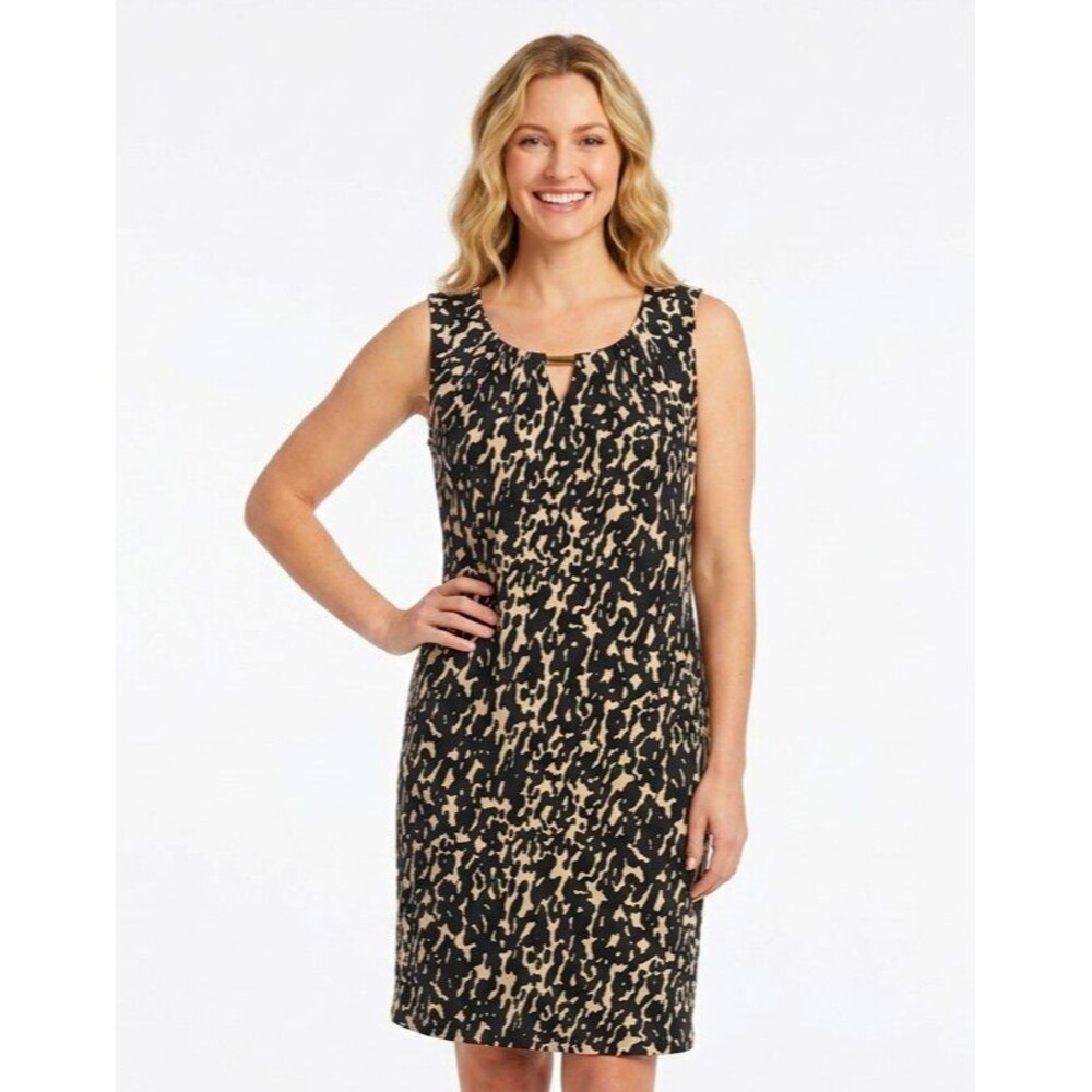 Dana Buchman Signature Womens Dress M Black Beige Shift Pleat v neck stretch